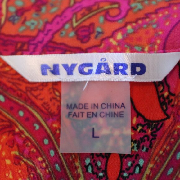 Nygard Bright Pink & Orange Paisley Front Tie Button Up Shirt Rolled Sleeve Lg - Picture 2 of 14